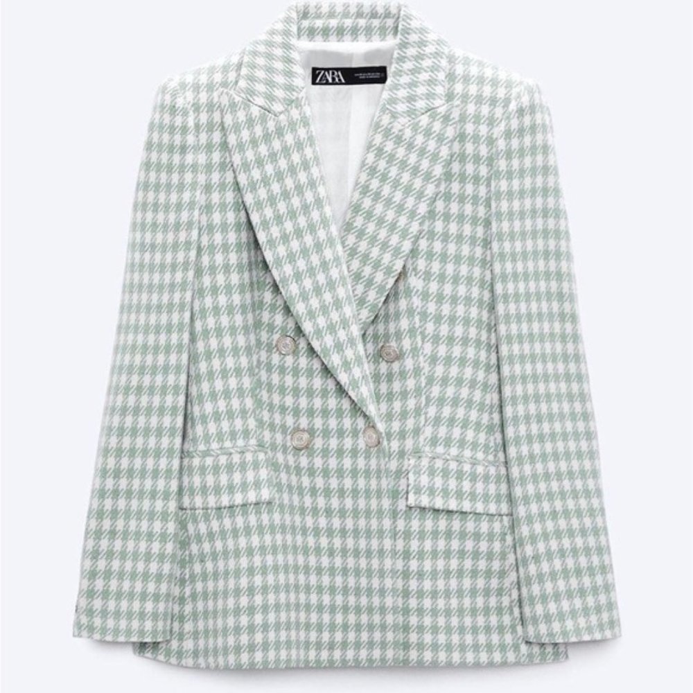Zara Mint Green and White Houndstooth Double-Breasted Blazer